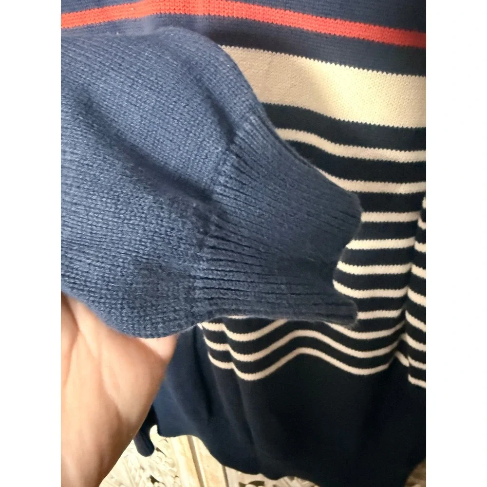 J.Crew Mens Navy Blue White Red Striped 100% Cotton Crewneck Sweater Large